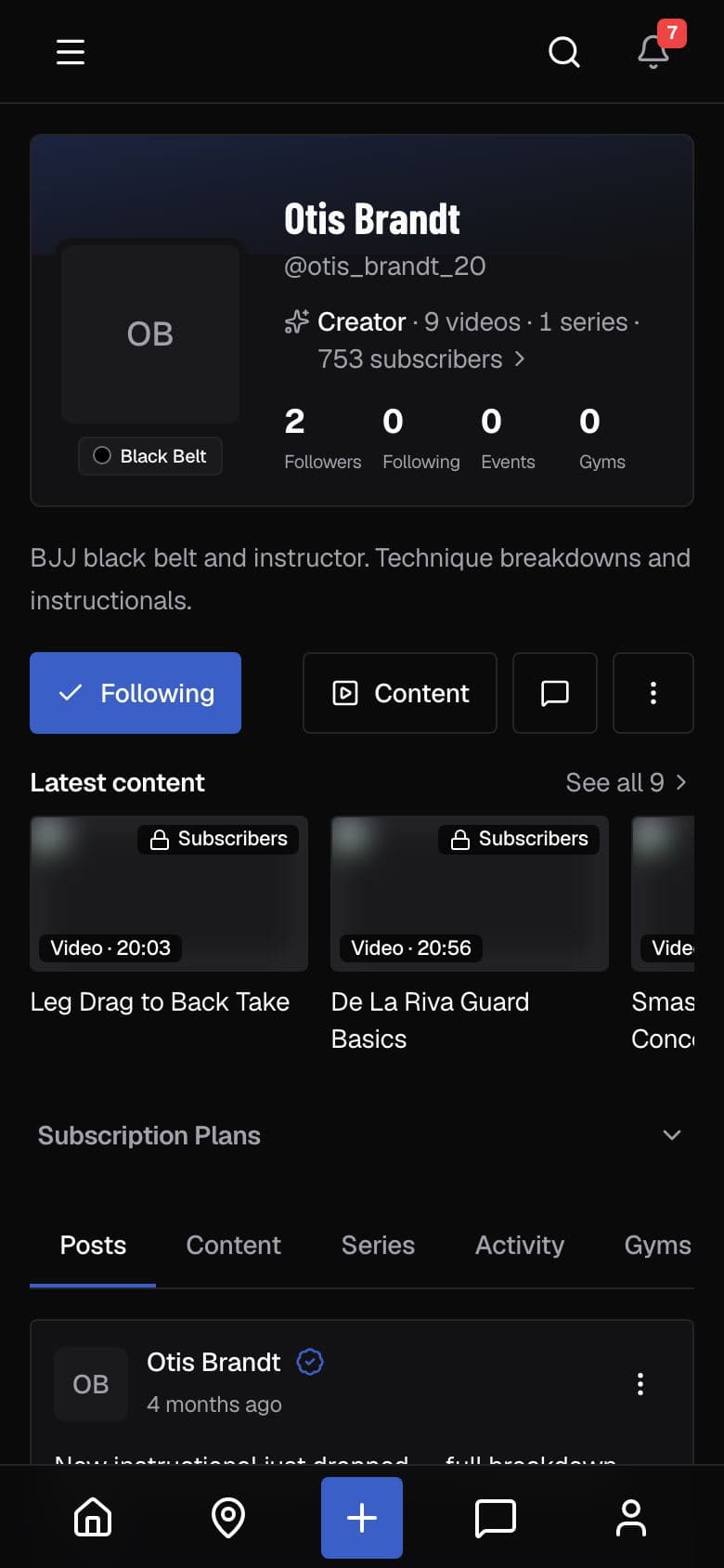 A creator's public page on OpenMat on a phone