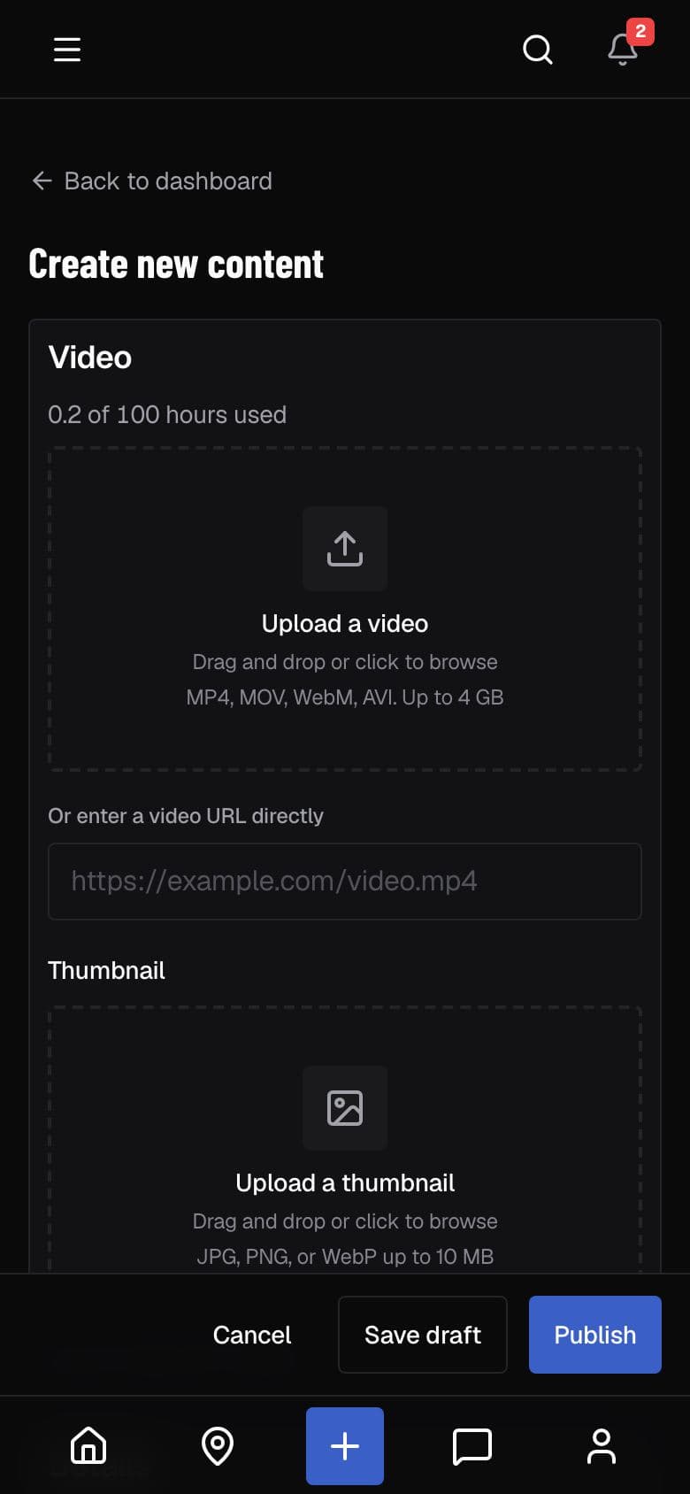 The video upload screen in the creator dashboard