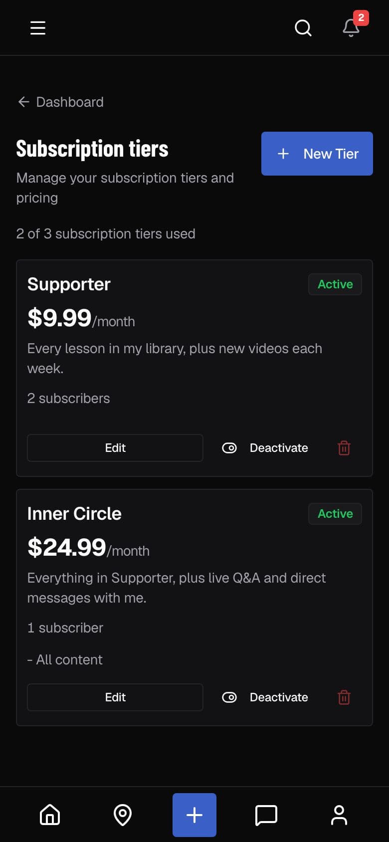 Subscription tier settings in the creator dashboard