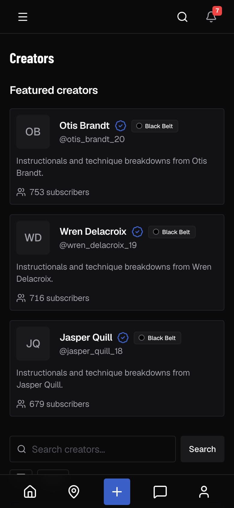 The creators page where members browse and search creators