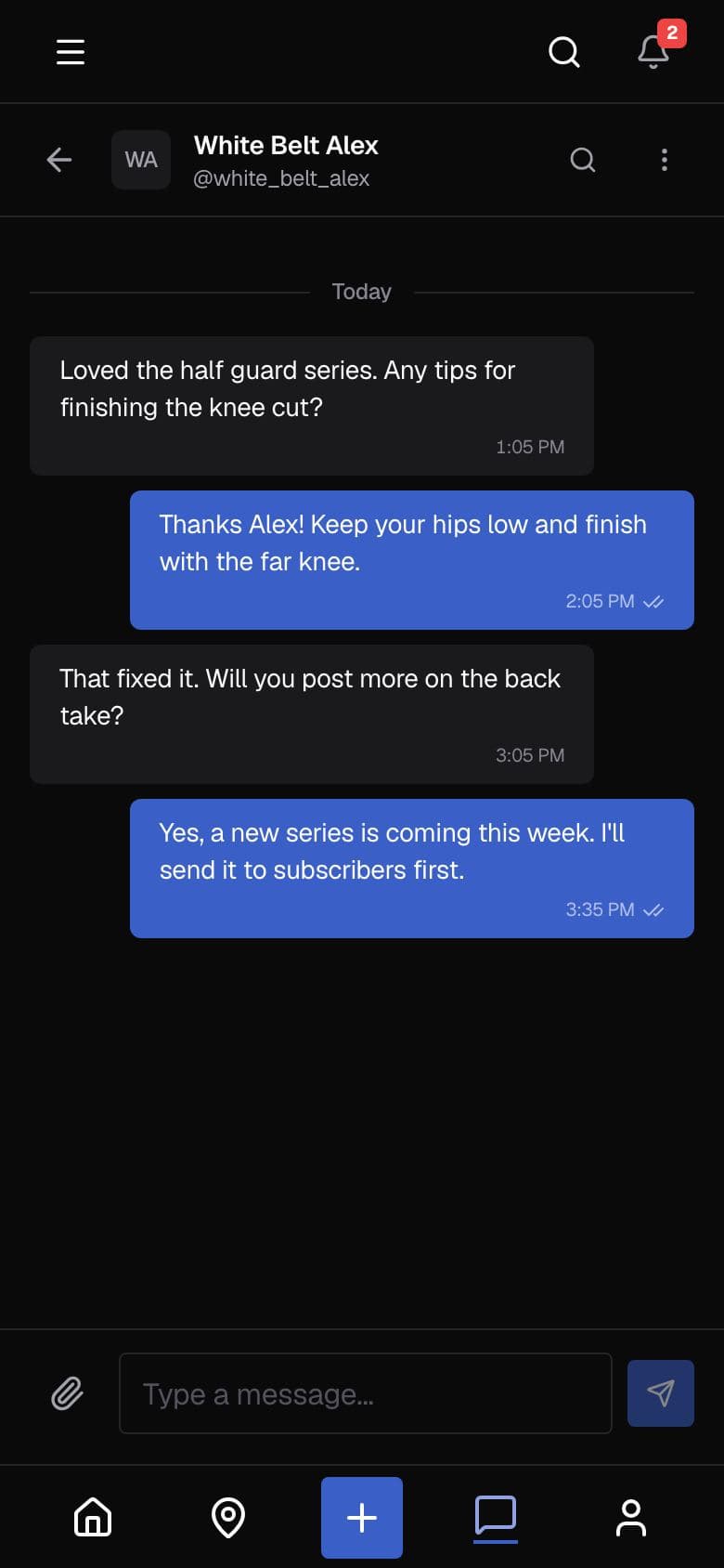 A direct message conversation between a member and a creator