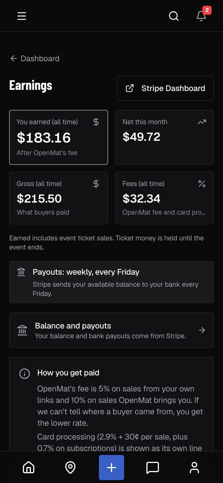 The creator earnings dashboard with sales and payouts